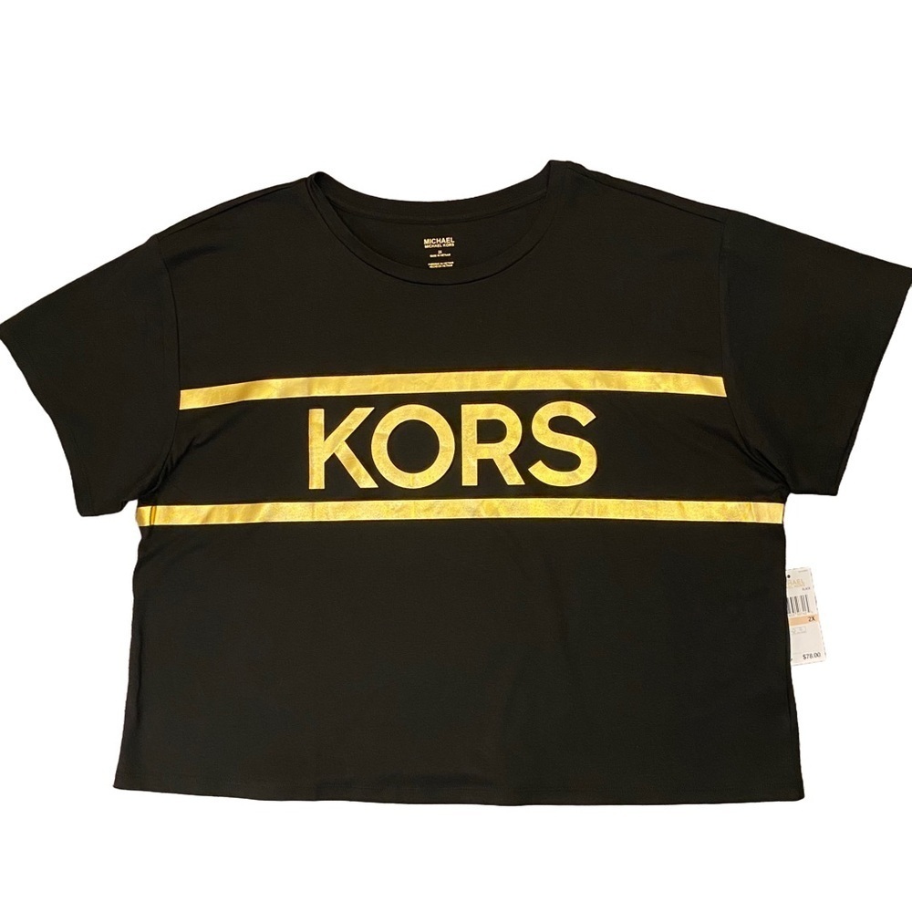 Michael Kors Women's Short Sleeves Cropped Black Tee Logo Plus Size 2X - NWT $78